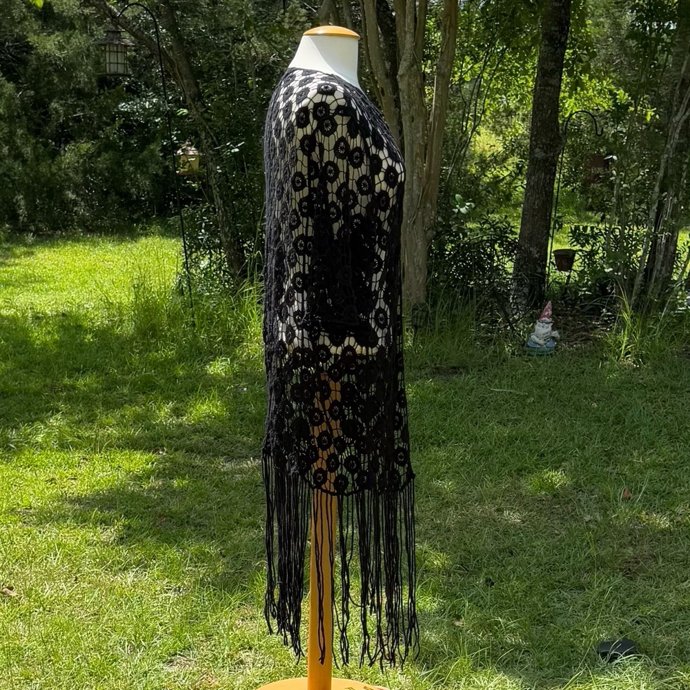Rebellion Again Black Fringe Crocheted Cover Up Cardigan Size Medium (CWT0002) - Picture 4 of 7